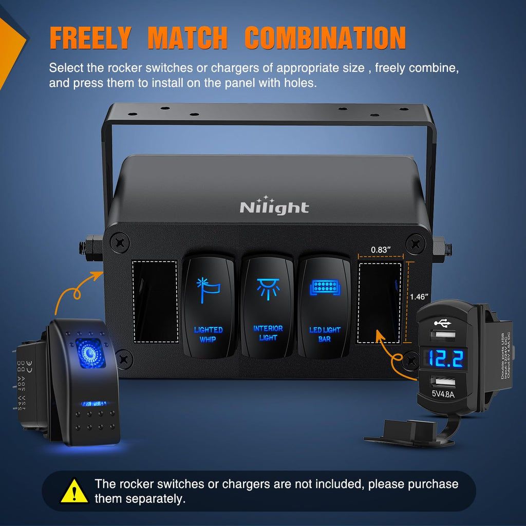 Nilight 5 Gang Rocker Switch Box 5 Holes Panel Detachable Installation Housing Waterproof Aluminum Rotatable Mount Bracket 12V 24V DIY Toggle Switches Voltmeter USB Socket for Boats Cars RVs Trucks