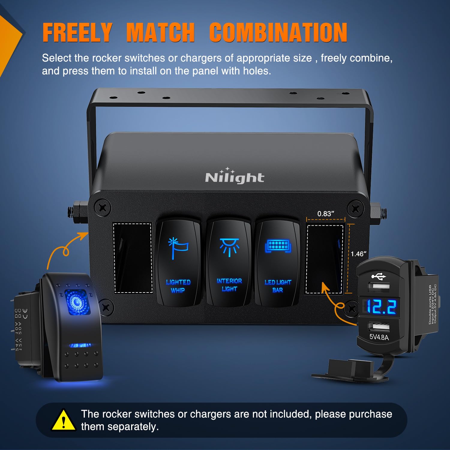 Nilight 5 Gang Rocker Switch Box 5 Holes Panel Detachable Installation Housing Waterproof Aluminum Rotatable Mount Bracket 12V 24V DIY Toggle Switches Voltmeter USB Socket for Boats Cars RVs Trucks