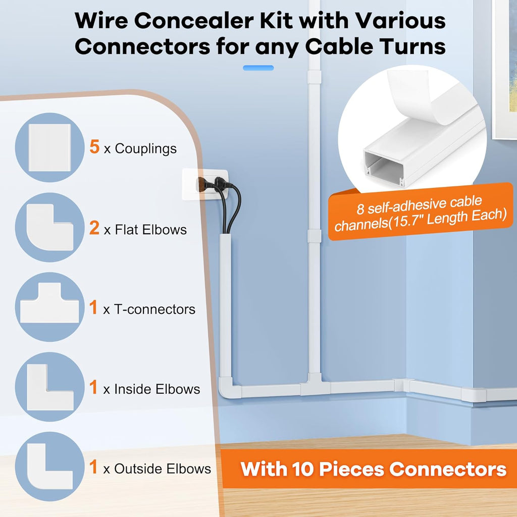 126in Cord Hider Kit, ZhiYo Cord Covers for Wall Mounted TV, Paintable Wire Cover for Cords, TV Cable Hider Wall Kit, Cable Cover Wire Management, White Cord Concealer, 8 x L15.7in W0.95in H0.55in