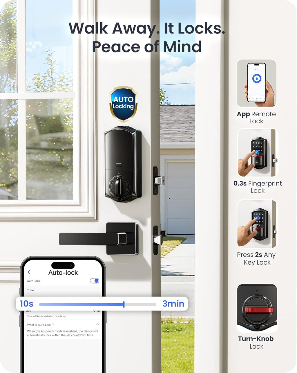 Veise VE027-H WiFi Fingerprint Smart Deadbolt Lock with Handleset, App Remote Control, Keyless Entry Front Door Lock Set, Built-in Wi-Fi, Touchscreen Keypad, Auto-Lock, Easy Setup, Matte Black