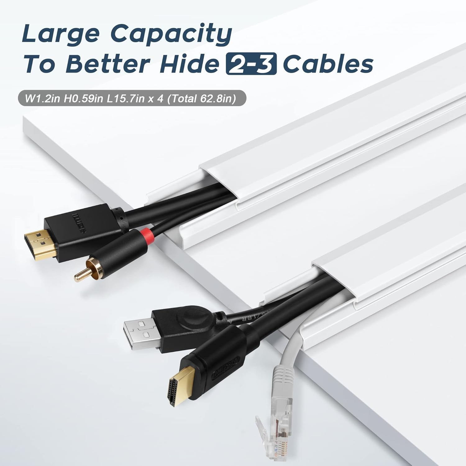 62.8in Cable Cover Wall, White Wire Cover for Wall, Paintable Cord Cover Wall Kit, Cord Hiders for TV on Wall, Hide Cords Wall Mounted TV - Cord Concealer Cable Channel 4xL15.7in W0.98in H0.5in