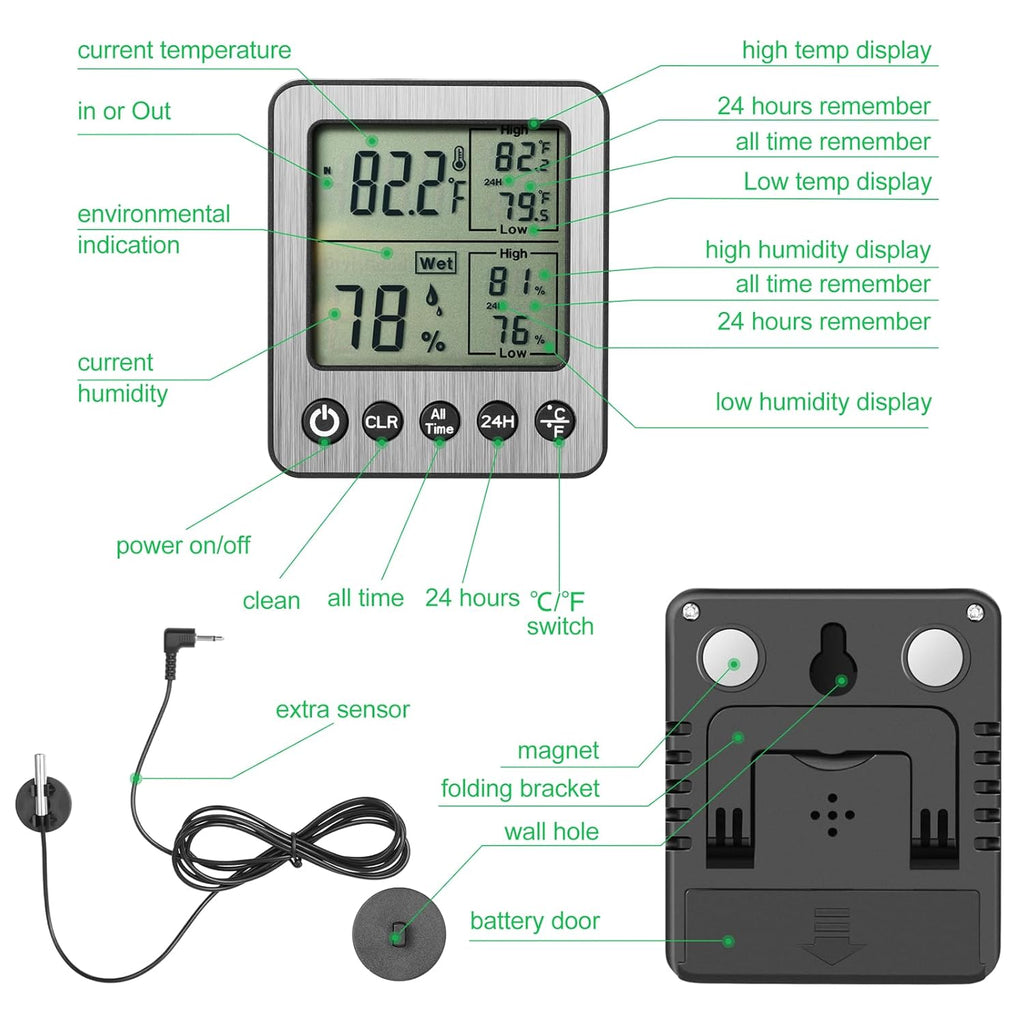 Digital Refrigerator Freezer Fridge Thermometer with Extra Sensor Digital Hygrometer max and min Before 24 Hours and All time Remember Reptile Tank Thermometer Hygrometer White zz20