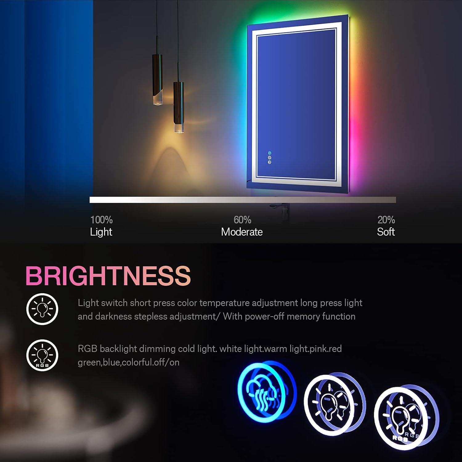 30x36 Inch RGB LED Bathroom Mirror with Lights, Color Changing RGB Backlit LED Mirror for Bathroom,Lighted Vanity Mirrors for Bathroom Wall, Dimmable, Anti-Fog (RGB Backlit+Front-Lit)