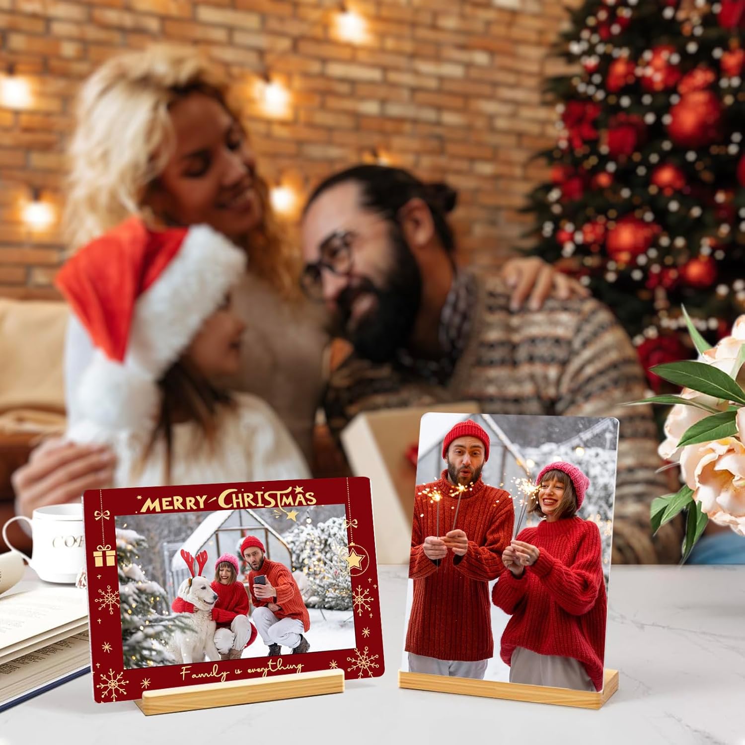 Custom Photo Prints - Metal Desktop Picture Frame with Photos & Text & Wooden Base Personalized Christmas Gifts for Family Lovers Pets and Friends, Optional Multiple Sizes