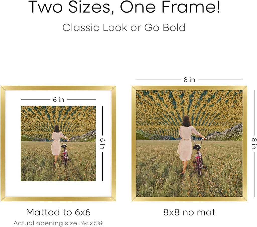 Homeforia 8x8 Picture Frame Gold, High End Metal 8 x 8 Square Photo Frames with Mat 6 by 6, 8x8 Poster Frame Matted to 6x6 inches Print, 8by8 Wall or Tabletop Frame, Tempered Glass, Wall Kit, Set of 2