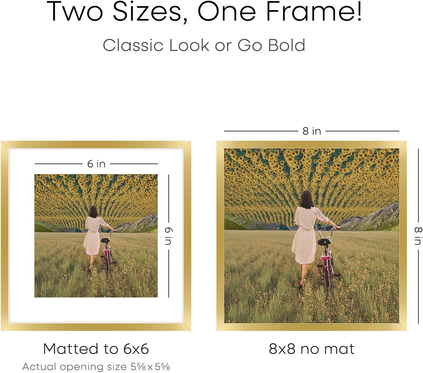 Homeforia 8x8 Picture Frame Gold, High End Metal 8 x 8 Square Photo Frames with Mat 6 by 6, 8x8 Poster Frame Matted to 6x6 inches Print, 8by8 Wall or Tabletop Frame, Tempered Glass, Wall Kit, Set of 4