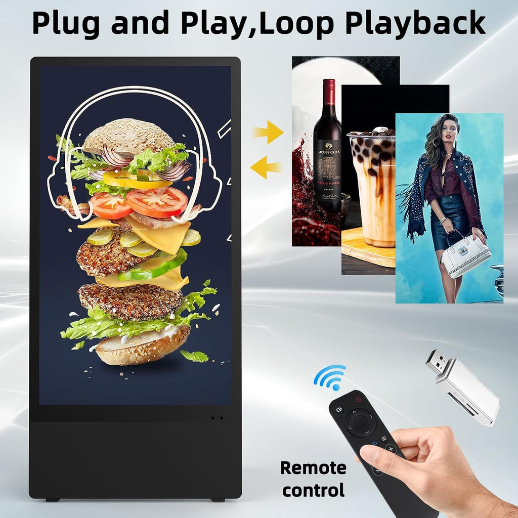 43 Inch Outdoor Digital Signage Displays, Rechargeable Digital LCD Kiosks, Moveable Commercial Totem, IP65 Waterproof, Auto Adjustment 2000nits High Brightness Screen, High Capacity Battery for Restaurant/Bar/Food Truck/Store