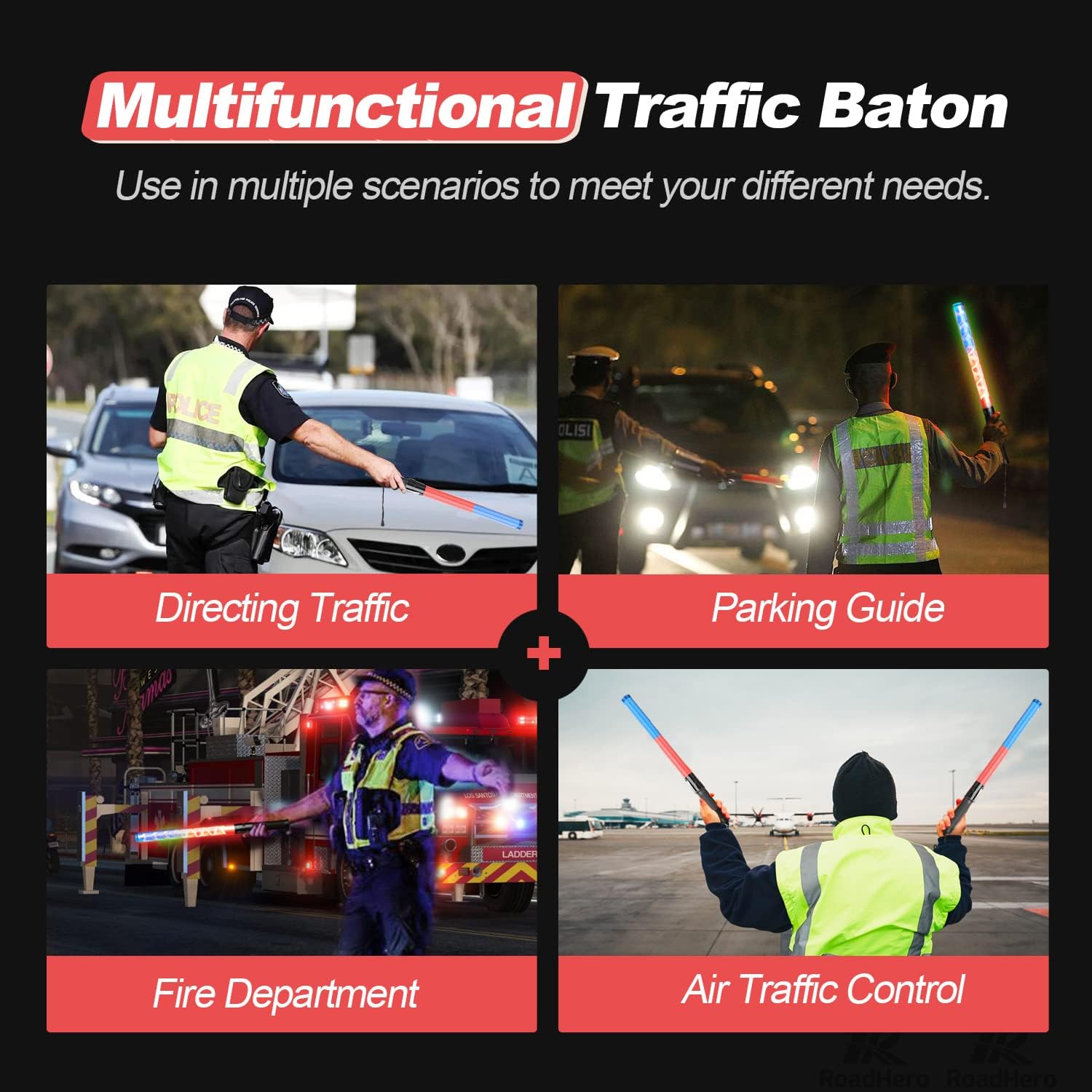 RoadHero Traffic Control Wand - 21 Inch, Red & Blue, 3 Flashing Modes, Air Marshaling Signal Wand with Side Clip for Airport, Parking, Car Directing