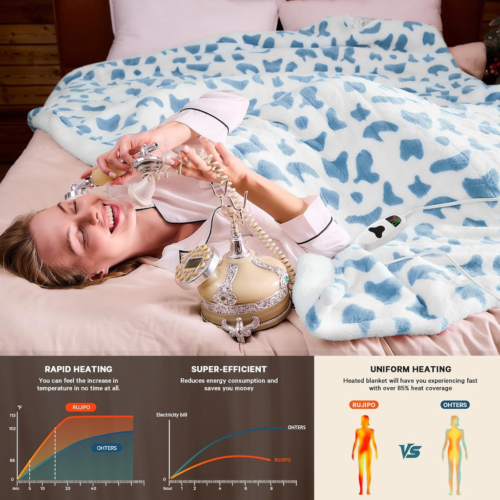 Cow Print Heated Electric Blanket Twin,62X84 Blue Heating Blanket with 10 Heats Levels & 8 Hours Auto Off,Cute Cow Decor Fleece Sherpa Blankets Warmer Gifts for Women Couch Office,Washable