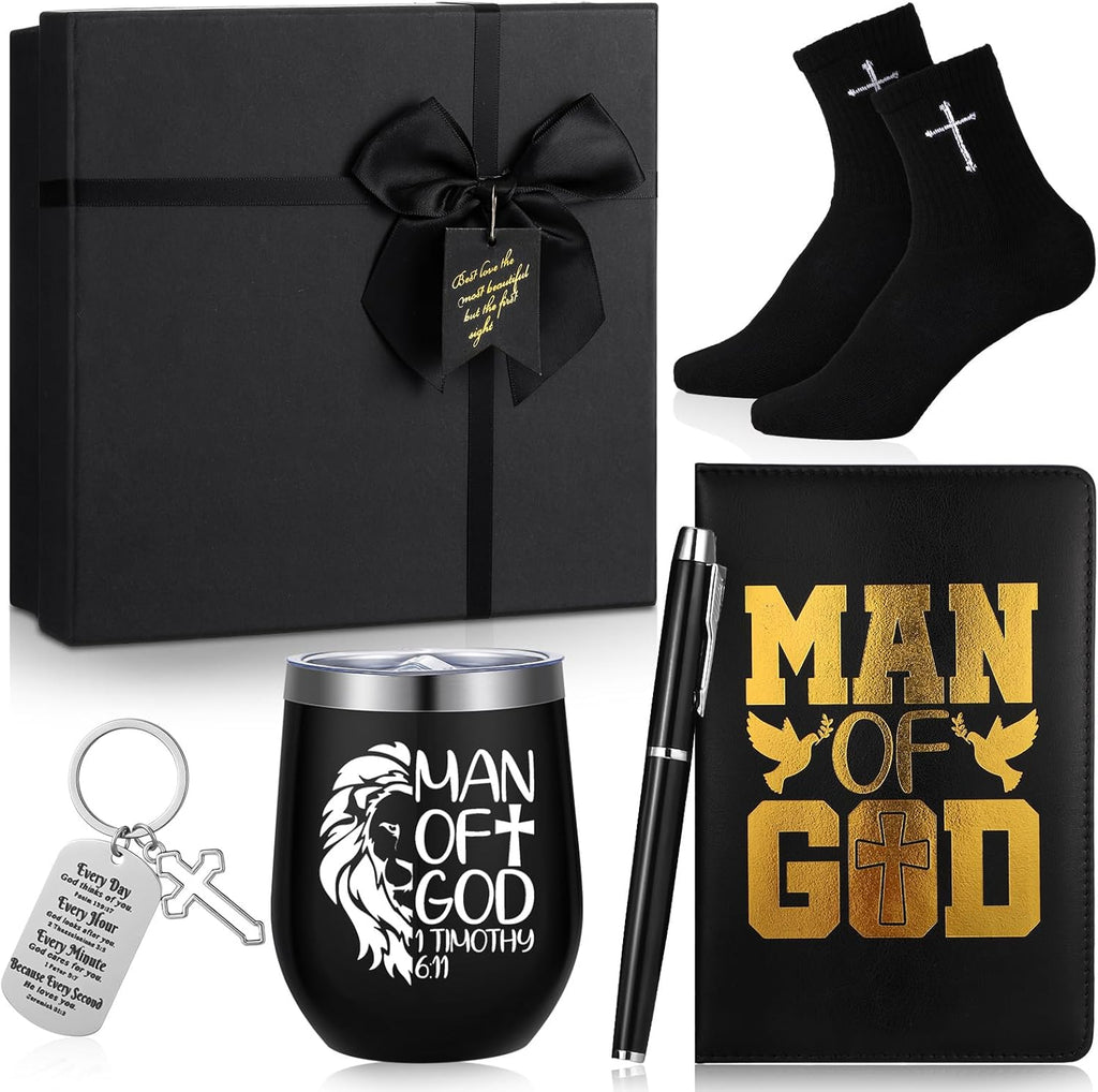 6 Pcs Christmas Christian Gifts for Men Man of God Religious Faith Gifts Tumbler Bible Verse Keychain Socks Pen Man of God Notebook Box for Male Pastor Clergy Catholic Church Birthday