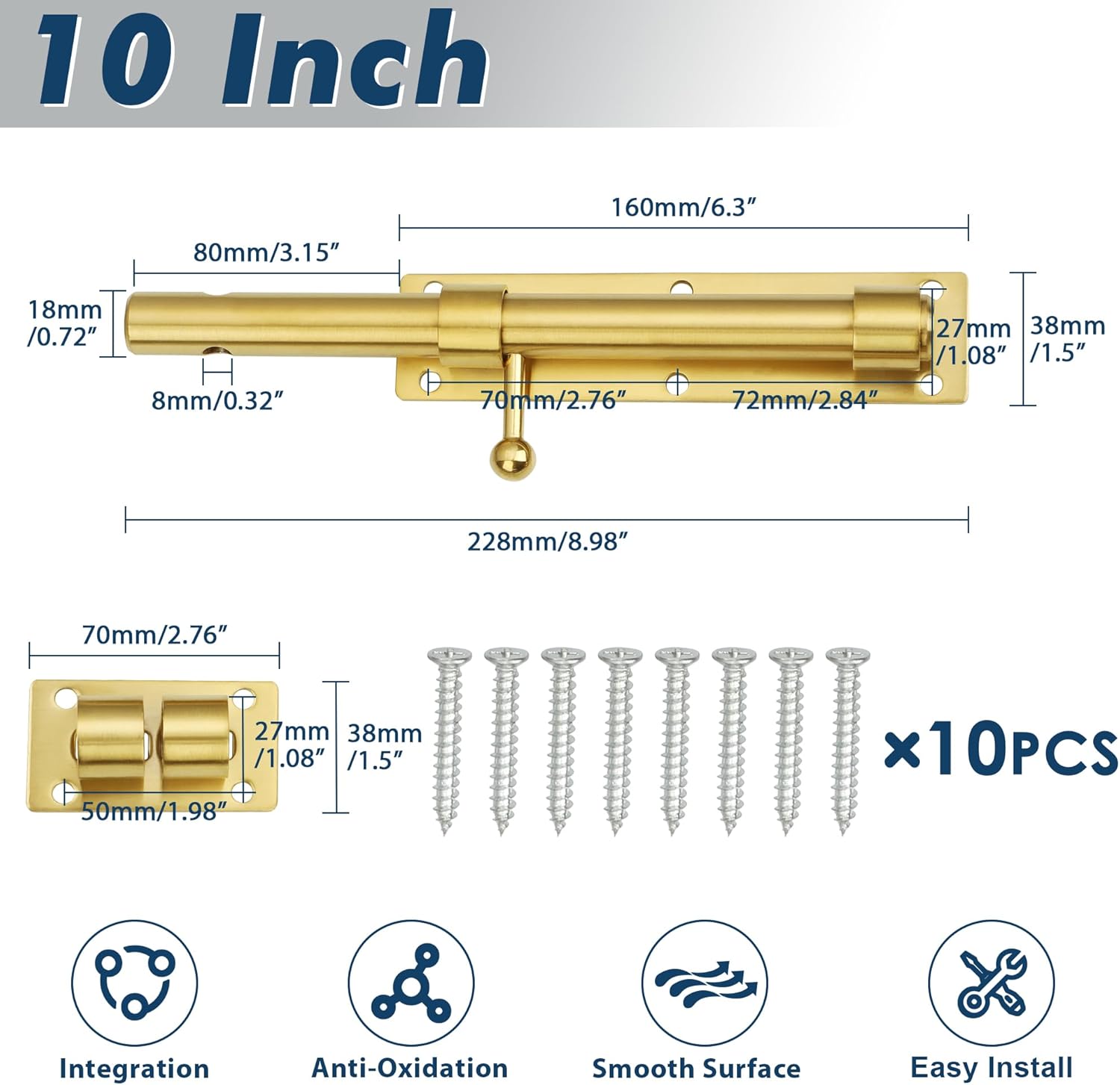 Alise 10 inch Barrel Bolt Latch,Slide Bolt Latch,Heavy Duty Solid SUS304 Stainless Steel Slide Lock for Wooden Fence,Barn Door,Interior or Outdoor Door Gold MS9200-G
