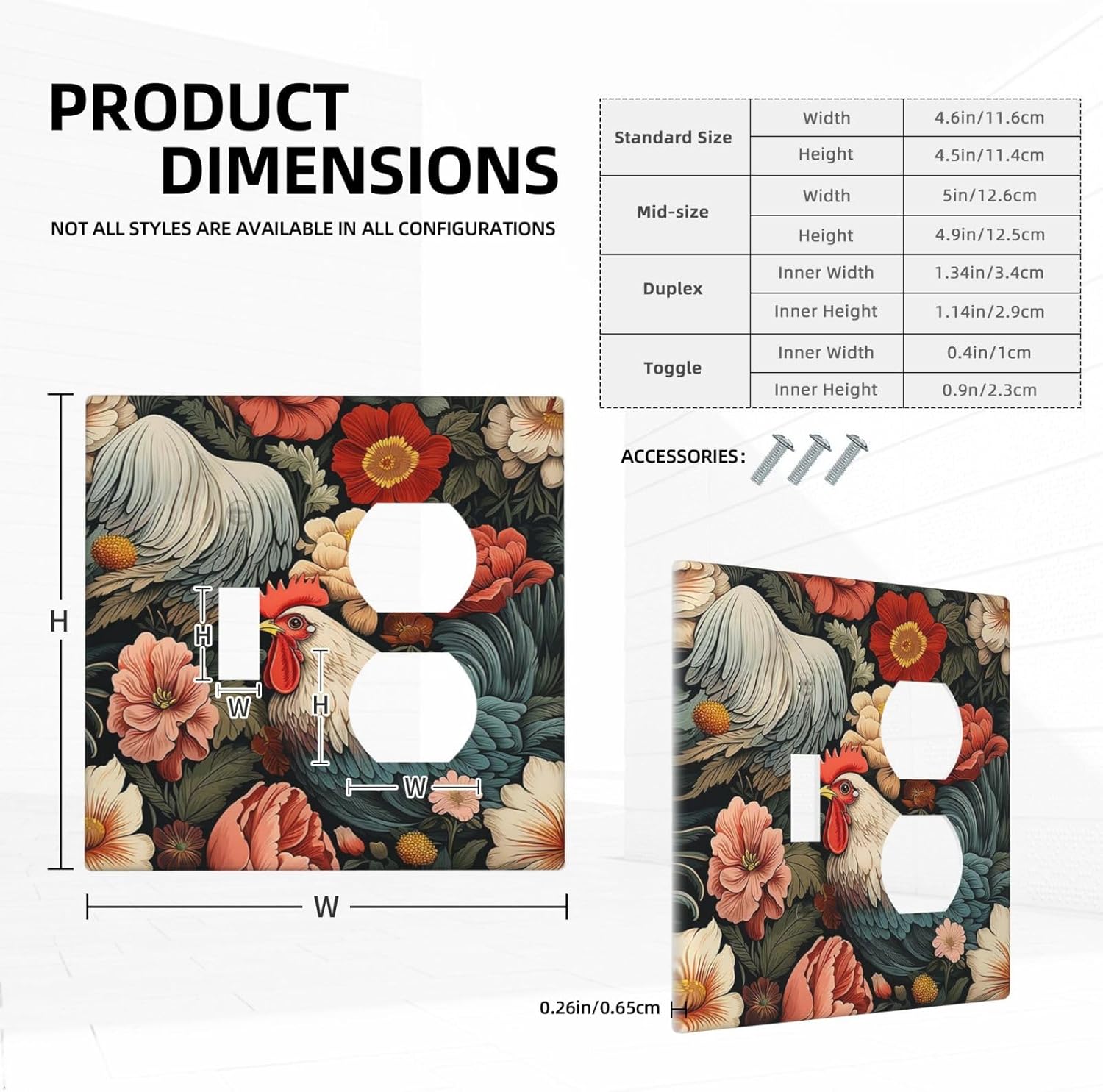 Wallplates Rooster Flowers Red White Chicken Floral 1 Toggle 1 Duplex Switch Plate Electrical GFCI Faceplate Decorative Light Switch Covers for living Room Farmhouse Decor