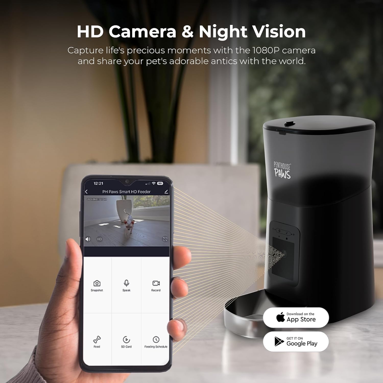 Smart HD Automatic Cat Feeder with 1080P Camera & Night Vision, 2-Way Audio, WiFi App Control, Anti-Jam 6L Cat Feeder with Backup Power, Easy to Clean, Up to 15 Meals for Cat & Dog, Black Stainless