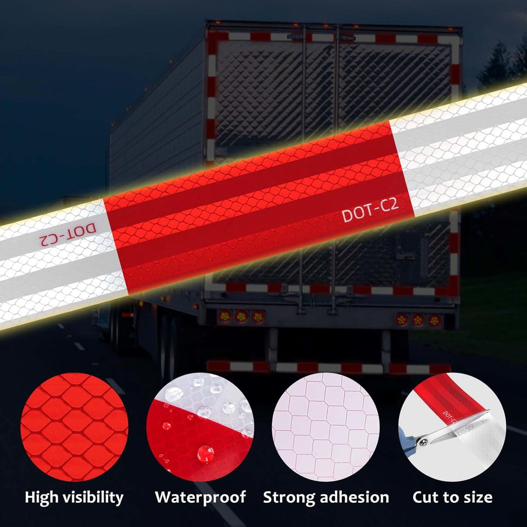 Golden Fox DOT-C2 Reflective Tape 2 Inch x 30 Feet - Red White Waterproof High-Visibility Safety Tape with Strong Adhesive for Trailers, Vehicles, Boats, and Outdoor Signs