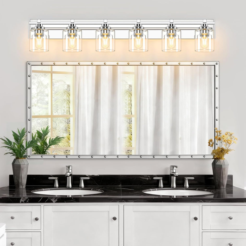 6 Light Modern Bathroom Light Fixtures Over Mirror, Chrome Vanity Lights for Bathroom Wall Sconces with Clear Glass Shades, E26 Socket (Bulbs Not Included)