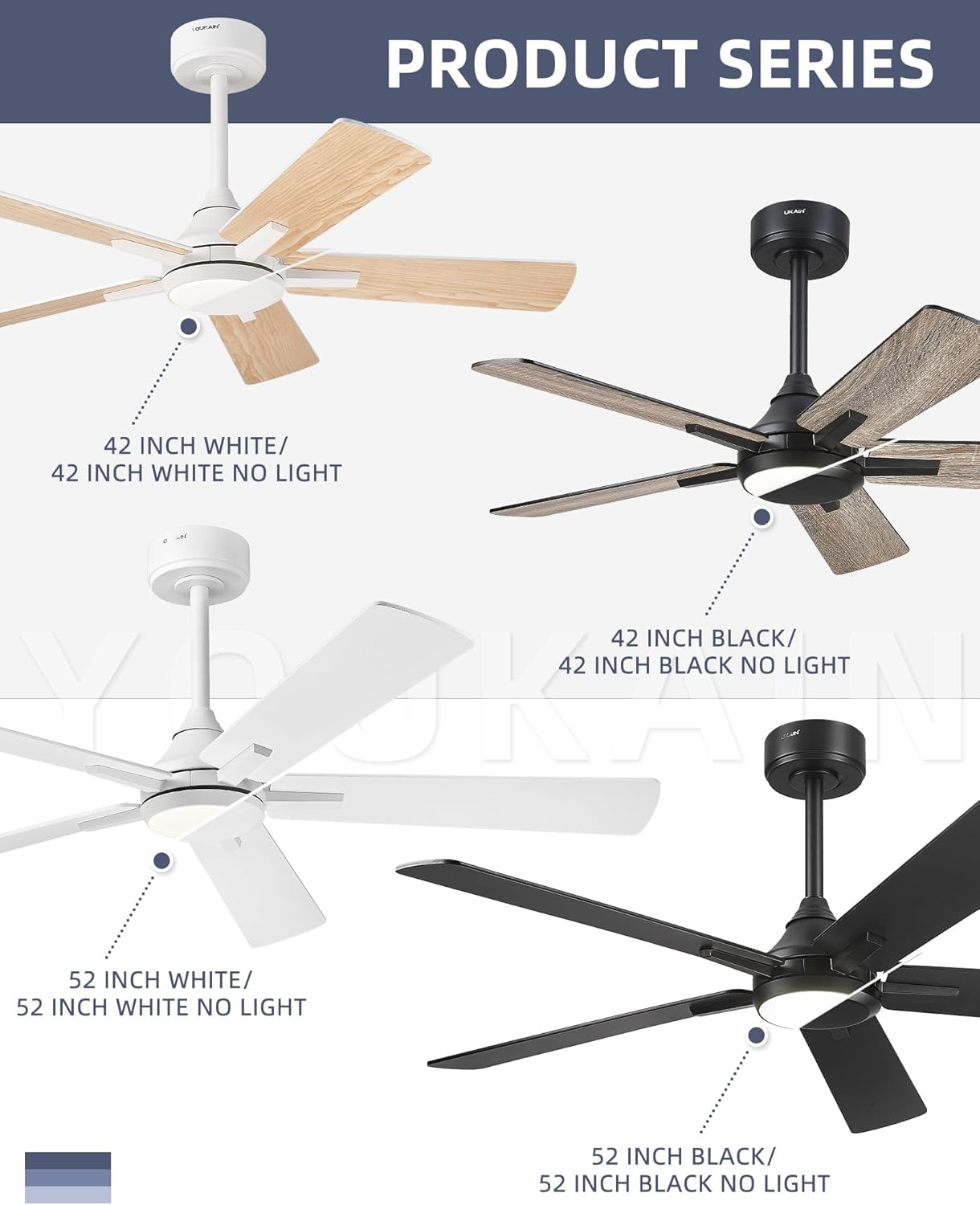 YOUKAIN Ceiling Fan without Light, 52 Inch Black Ceiling Fans, Smart Ceiling Fans Remote & APP Control, Reversible Blades, Outdoor Ceiling Fan for Bedroom, Living room, 52-YJ812-BK-NL