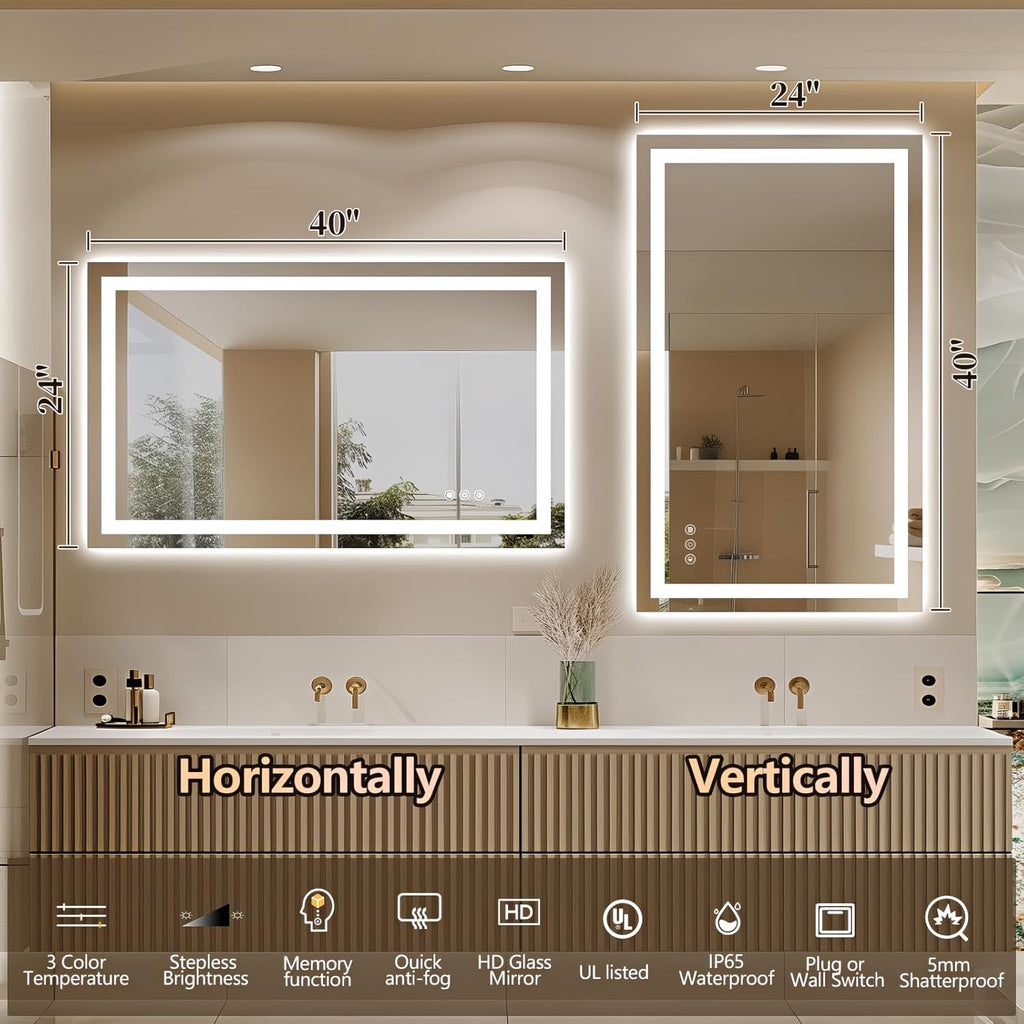 Niccy 40" x 24" LED Bathroom Mirror with Lights, Backlit and Front Lit, Lighted Vanity Mirror for Wall with 3 Colors, Anti-Fog, Shatter-Proof, Memory for Bedroom, Horizontal/Vertical