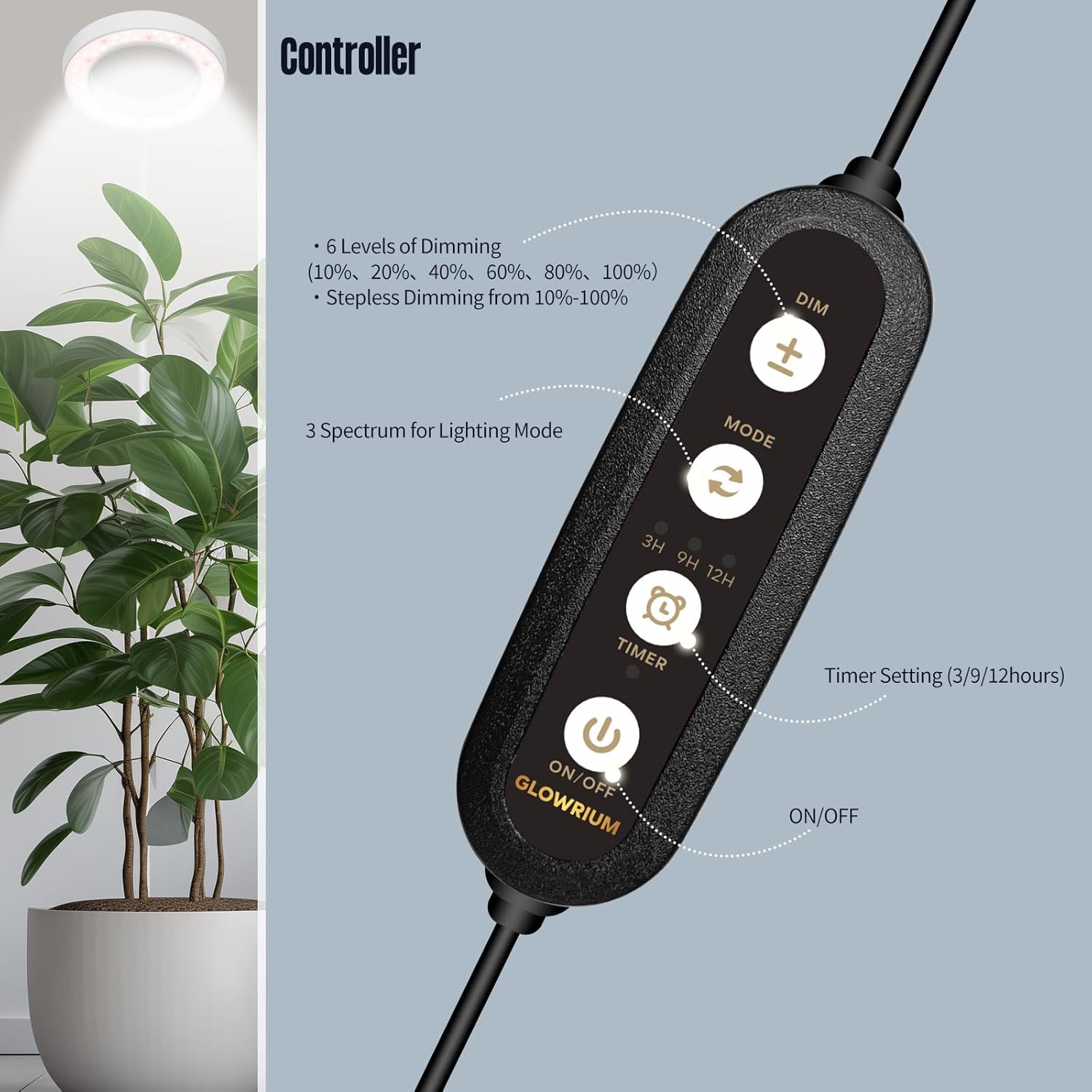 GLOWRIUM Grow Lights for Indoor Plants, 36W Full Spectrum 2-Head LED Plant Light with Stand, Adjustable Height, 3/9/12H Timer, 6 Dimmable Levels & 3 Lighting Modes(Black-Double Head)