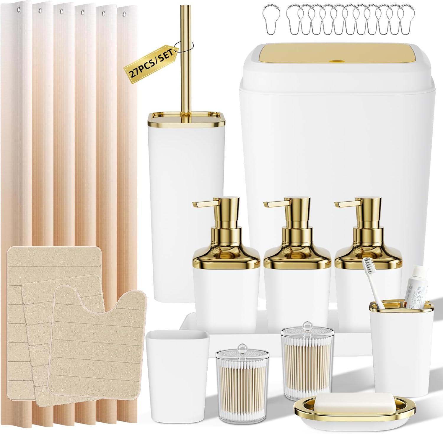 Bathroom Sets with Shower Curtain and Rugs, 27PC Bathroom Accessory Set, White Bathroom Set, White Bathroom Accessories Set with Trash Can, Toilet Brush and Soap Dispensers