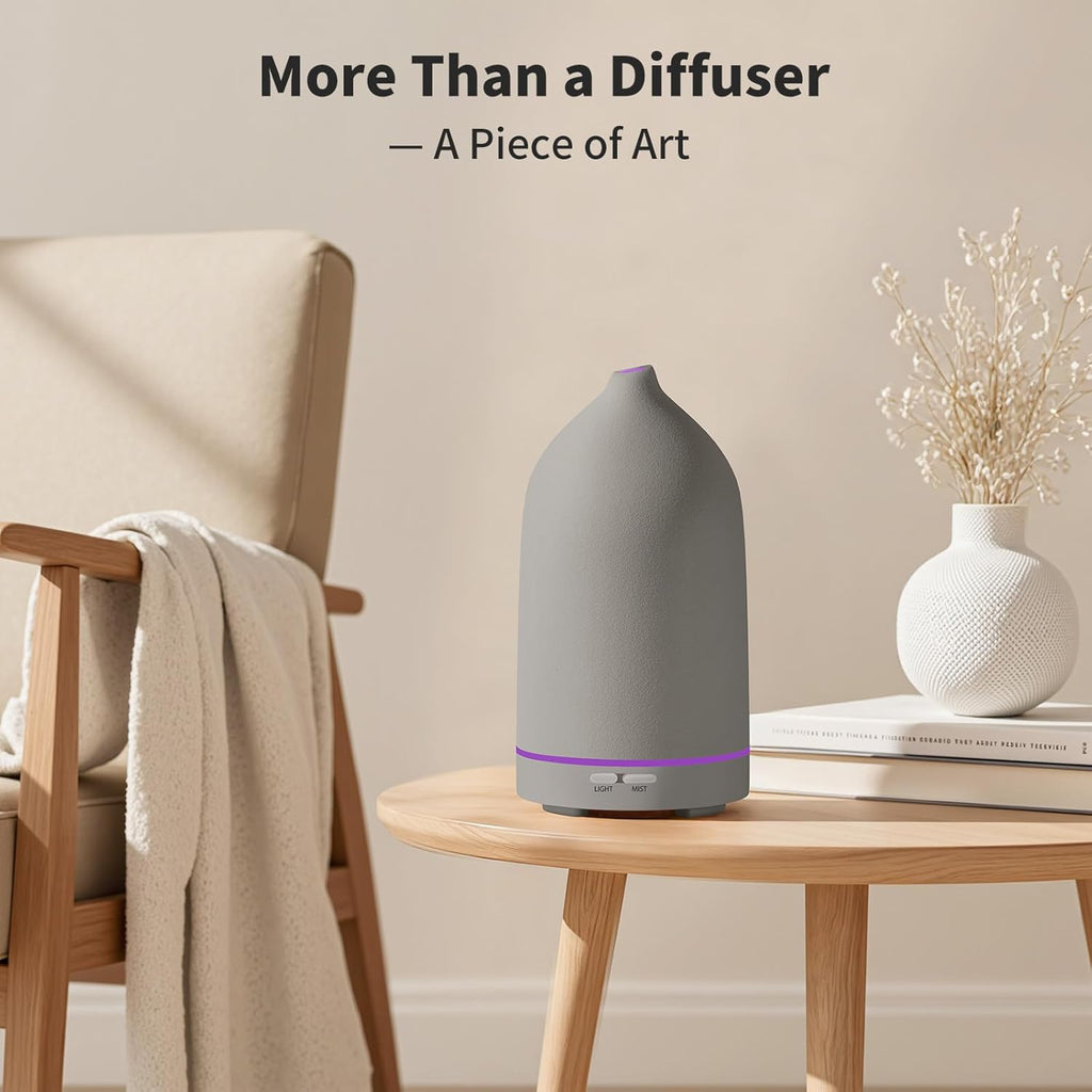URPOWER 120ML Essential Oil Diffuser Aromatherapy Diffuser Oil Machine with Elegant Gray Ceramic Design Ultrasonic Cool Mist Humidifier with 7 LED Lights, Auto-Off for Home Decor & Relaxation Office