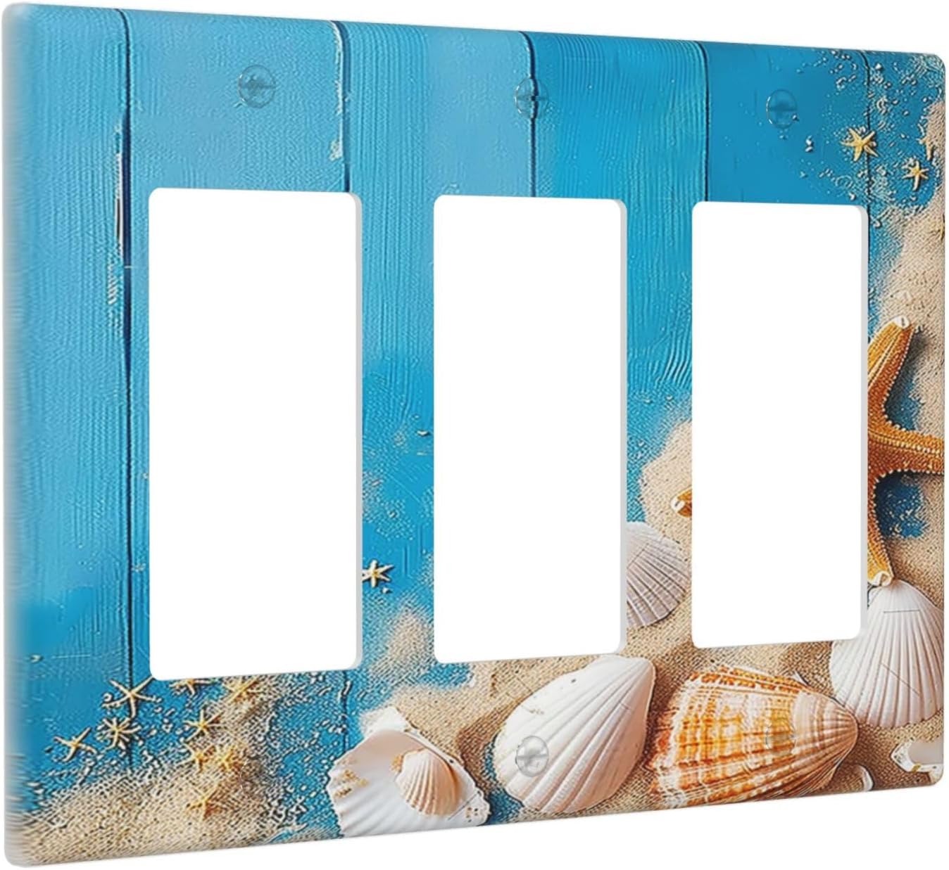 Light Switch Covers Blue Wood Grain Beach Shell Starfish 3 Gang Rocker Electrical GFCI Decorative Triple Outlet Wall Plate Cover Switchplate for Bathroom Farmhouse Decor