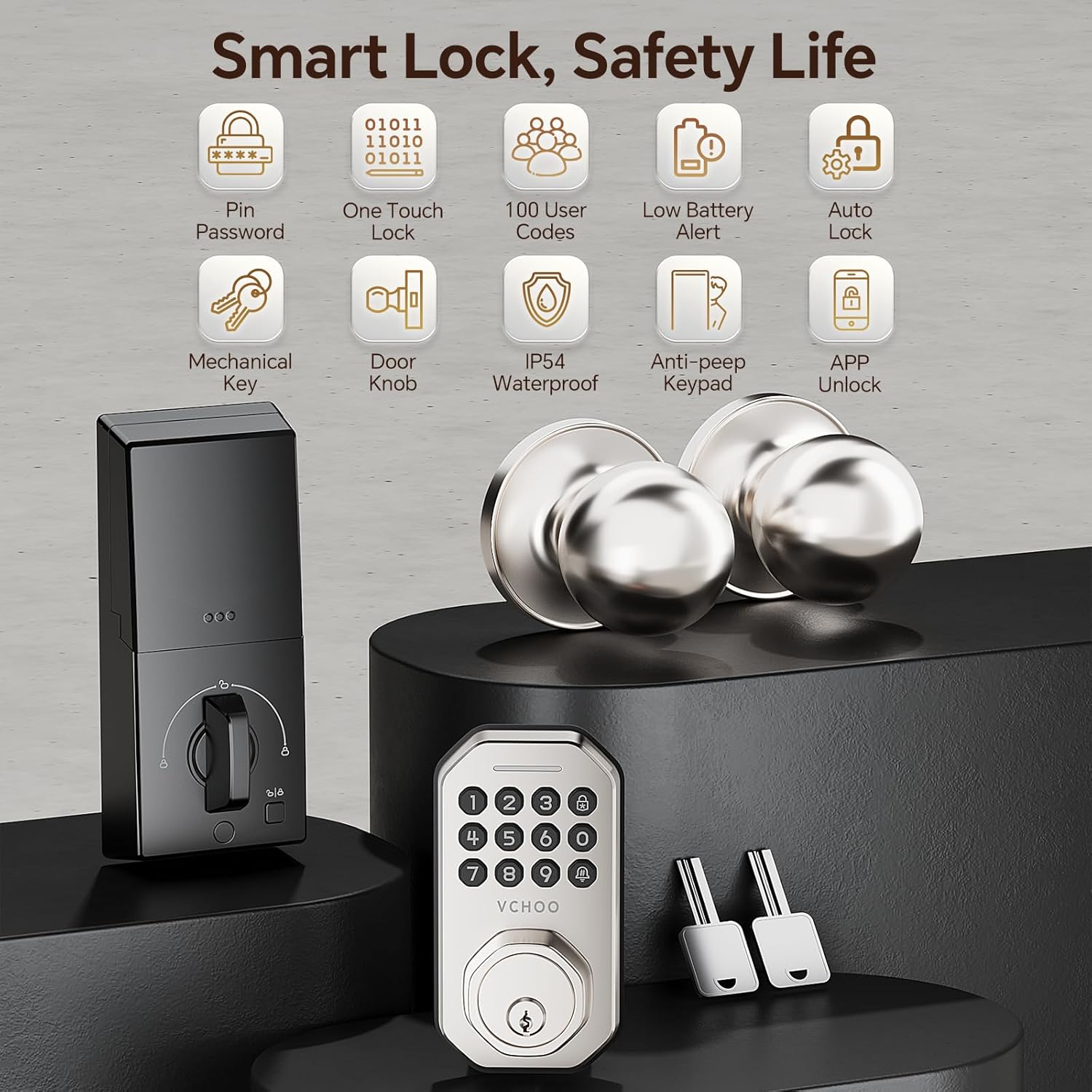 Keyless Entry Door Lock Set Smart Locks for Front Keypad Door Lock with Handle Automatic Lock One Time Password Anti Peeping Password IP54, Satin Nickel
