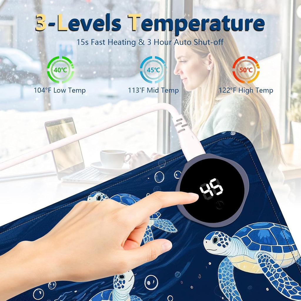 Heated Mouse Pad with 3 Temperature Settings(104°F–122°F),Large 31.5x13 Inch PU Leather Heated Desk Mat,Waterproof Warming Pad for Office,Gaming & Cold Hands Relief,Blue Sea Turtle