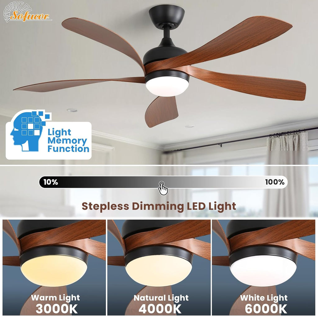Sofucor 52" Smart Ceiling Fan, Indoor/Outdoor Ceiling Fans with Lights and Remote, Compatible with Alexa/Google/App, 3-Color Light 6-Speed Timing Reversible DC Motor for Bedroom Living Room Patio
