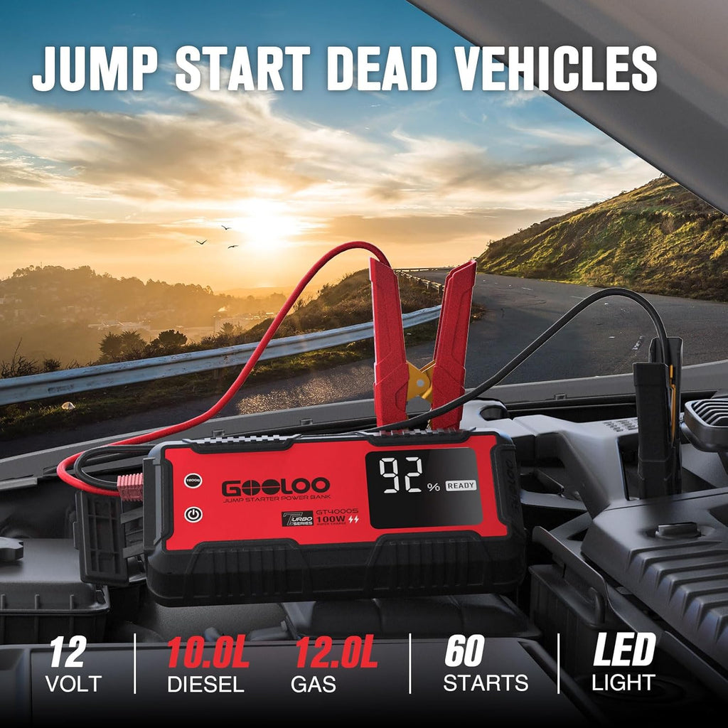 GOOLOO GT4000S Jump Starter 4000 Amp Car Starter 100W Two-Way Fast-Charging Portable Car Battery Charger Booster Pack for 10L Diesel and All Gas Engines, SuperSafe Lithium Jump Box for 12V Vehicles