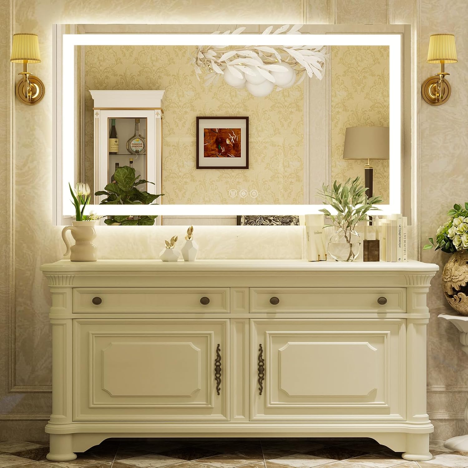 55'' x 30'' LED Bathroom Mirror with Lights, Wall Mirror with Front and Backlight, 3 Colors Vanity Mirror with Lights, Anti-Fog Wall Mirror for Bathroom