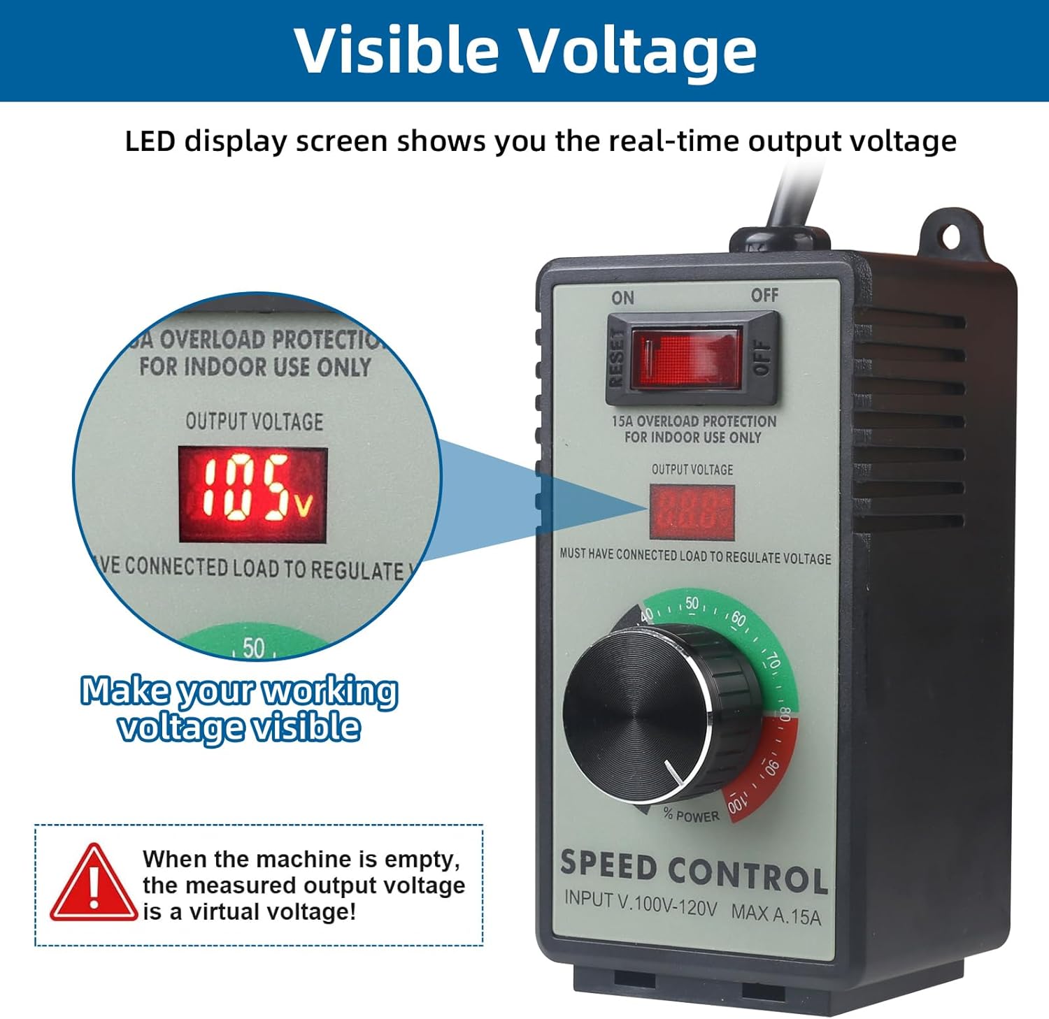 Versatile AC Motor Speed Controller - 100V-120V, 15A Max - Electric Fan Speed Regulator with Overload Protection, Electronic Voltage Regulation, and Voltage LED Display