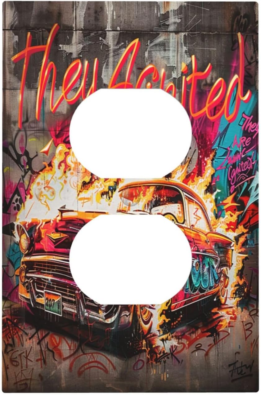 Outlet Covers Hip Hop Street Graffiti Flame Car 1 Gang Duplex Wall Plate Decorative Switch Plates Electrical Receptacle Faceplate Light Switch Cover for Bedroom living Room Decor