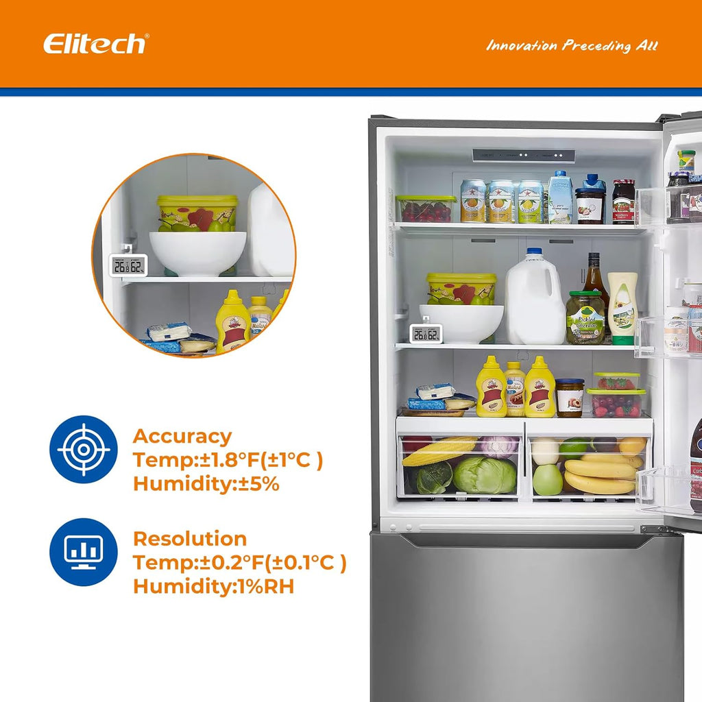 Elitech Fridge Thermometer Hygrometer Digital Freeze Refrigerator Thermometer Waterproof Large LCD Display TM-2TH