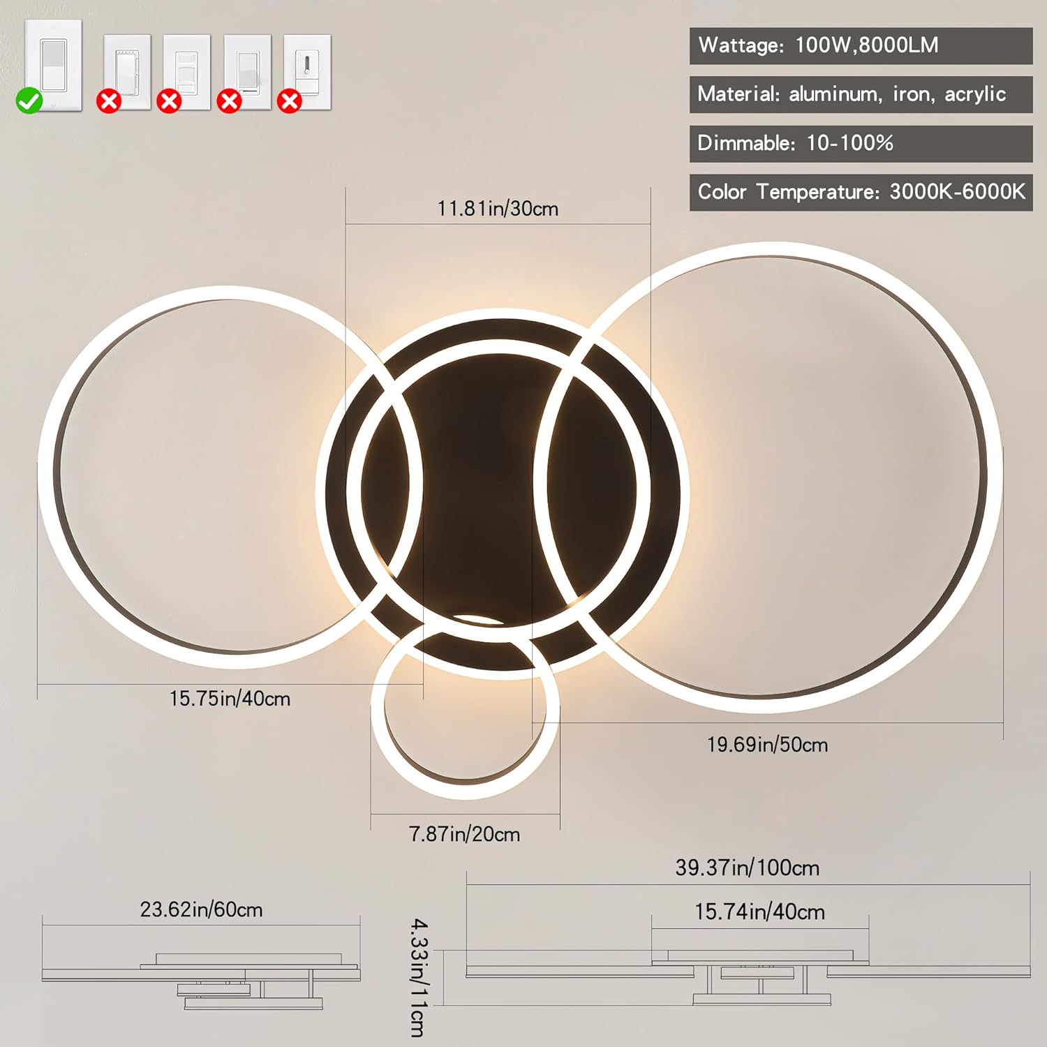O'NEELDY Flush Mount Modern Ceiling Light Black Led Modern Light Fixtures Ceiling Mount Lights 4 Rings Led Chandelier Lamp Fixture with Remote for Living Room Kitchen Dining Room Bedroom