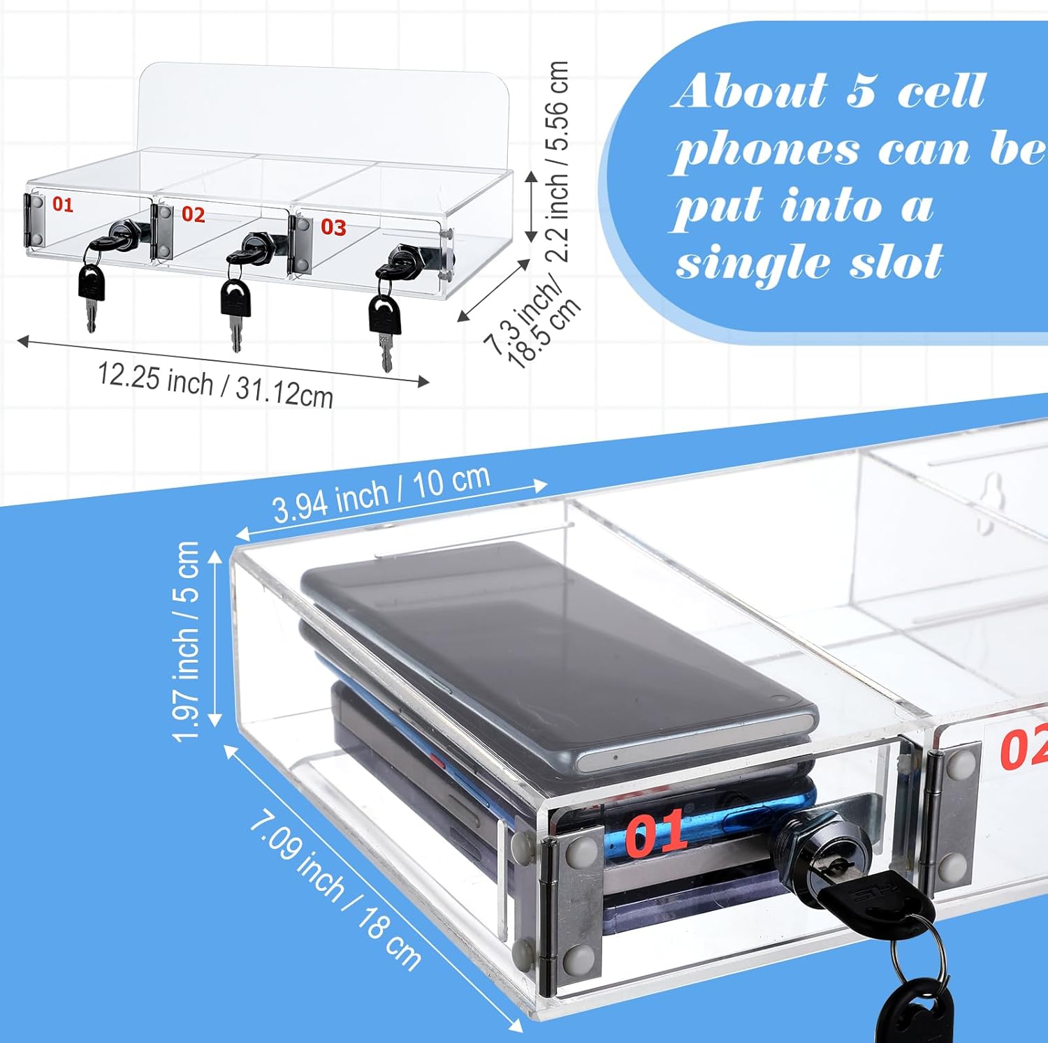 Threan 3 Slot Cell Phone Storage Box, Clear Cell Phone Storage Cabinet Wall Mounted, Including Door Locks and Keys for Office School Factory Classroom Students Staff