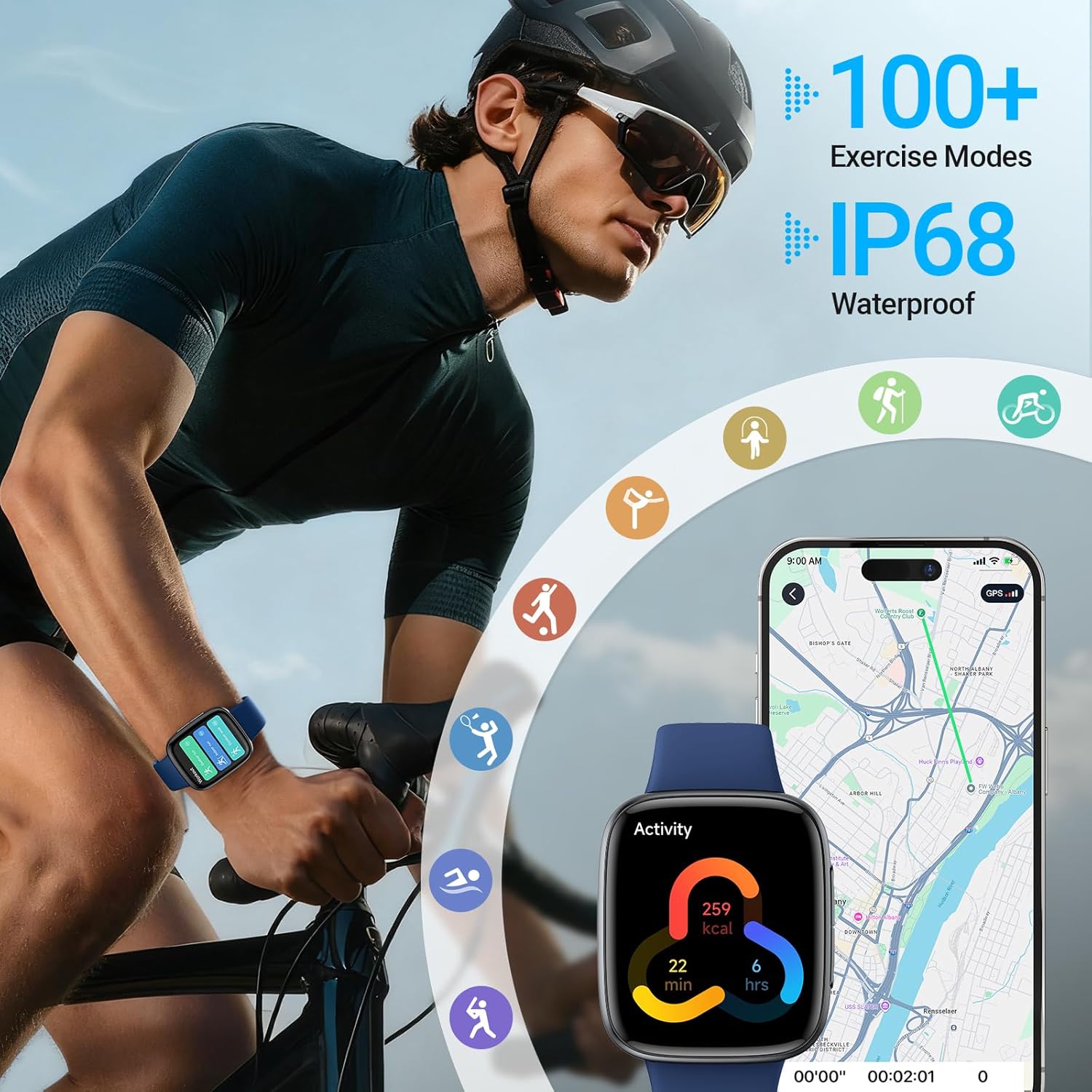 Fitpolo Smart Watch, 1.85" AMOLED Fitness Tracker with Bluetooth Call, Heart Rate/Sleep/SPO₂ Monitor, 100+ Sports Modes, 3ATM Waterproof Smartwatch for Android/iPhone/Samsung, Includes 2 Bands