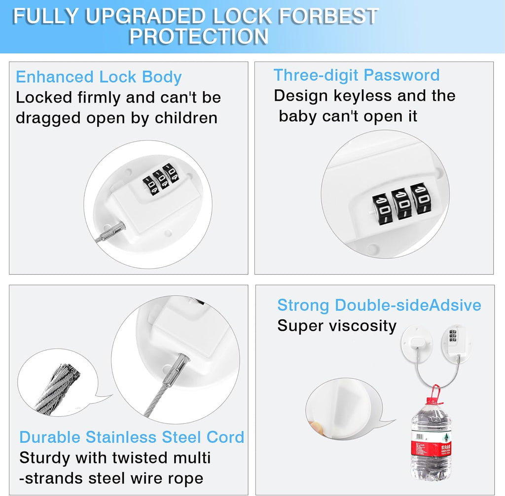 Fridge Lock Refrigerator Lock- Child Safety Cabinet Locks for Refrigerator, Freezer, Drawers & Cabinets - No Key Combination Lock, Adjustable & Reusable for Kids, Adults, Pets (White 2Pack)