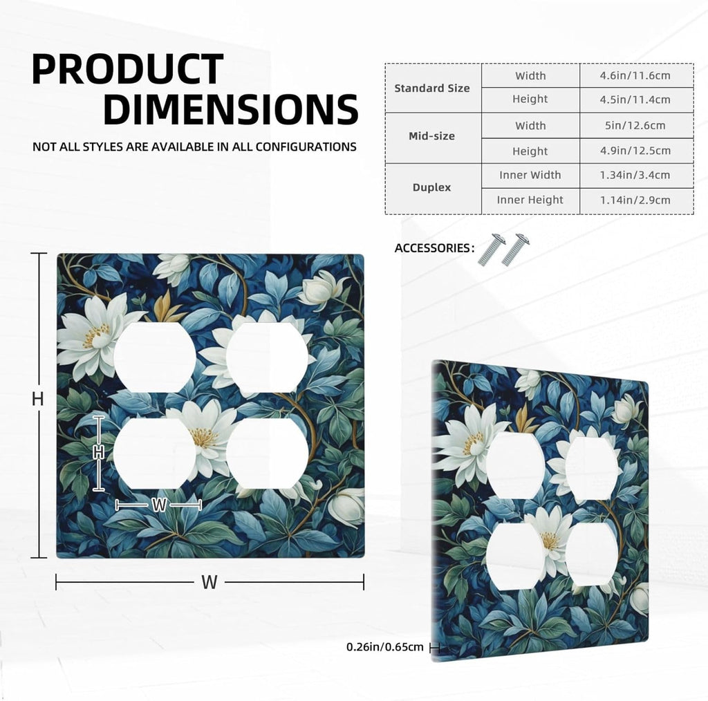 Decorative Outlet Covers Rustic White Floral Flowers Green Blue Leaves 2 Gang Wall Plate Double Duplex Light Switch Cover Switch Plate Covers Faceplate for Bedroom Home Decor