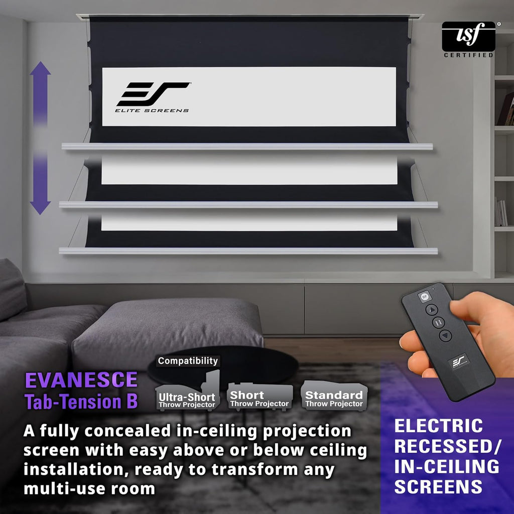 Elite Screens Evanesce Tab-Tension B, 110-inch 16:9, 4K / 8K HD, Recessed in-Ceiling Electric Tab Tensioned Projector Screen, Matte White Projection Screen Surface Programmed Remote Kit, ETB110HW3-E8
