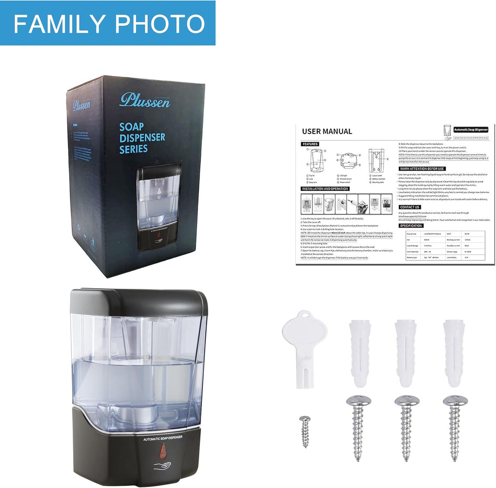 Automatic Sensor Soap Dispenser Wall Mount Black, Touchless Induction Hand Sanitizer Dispenser for Bathroom with Gel or Liquid, 20 Oz