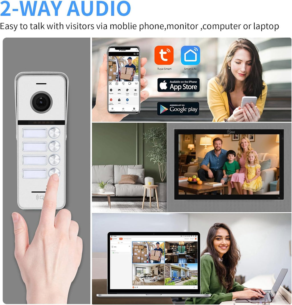 ANJIELO SMART Wired Video Doorbell Apartment Intercom System,4 Family Units 10 Inch Touch Monitor,3 in 1 Unlocking,Dual Way Intercom Motion Detection Tuya for Villa Home (1 Doorbell(w)+ 4 Monitor(b))