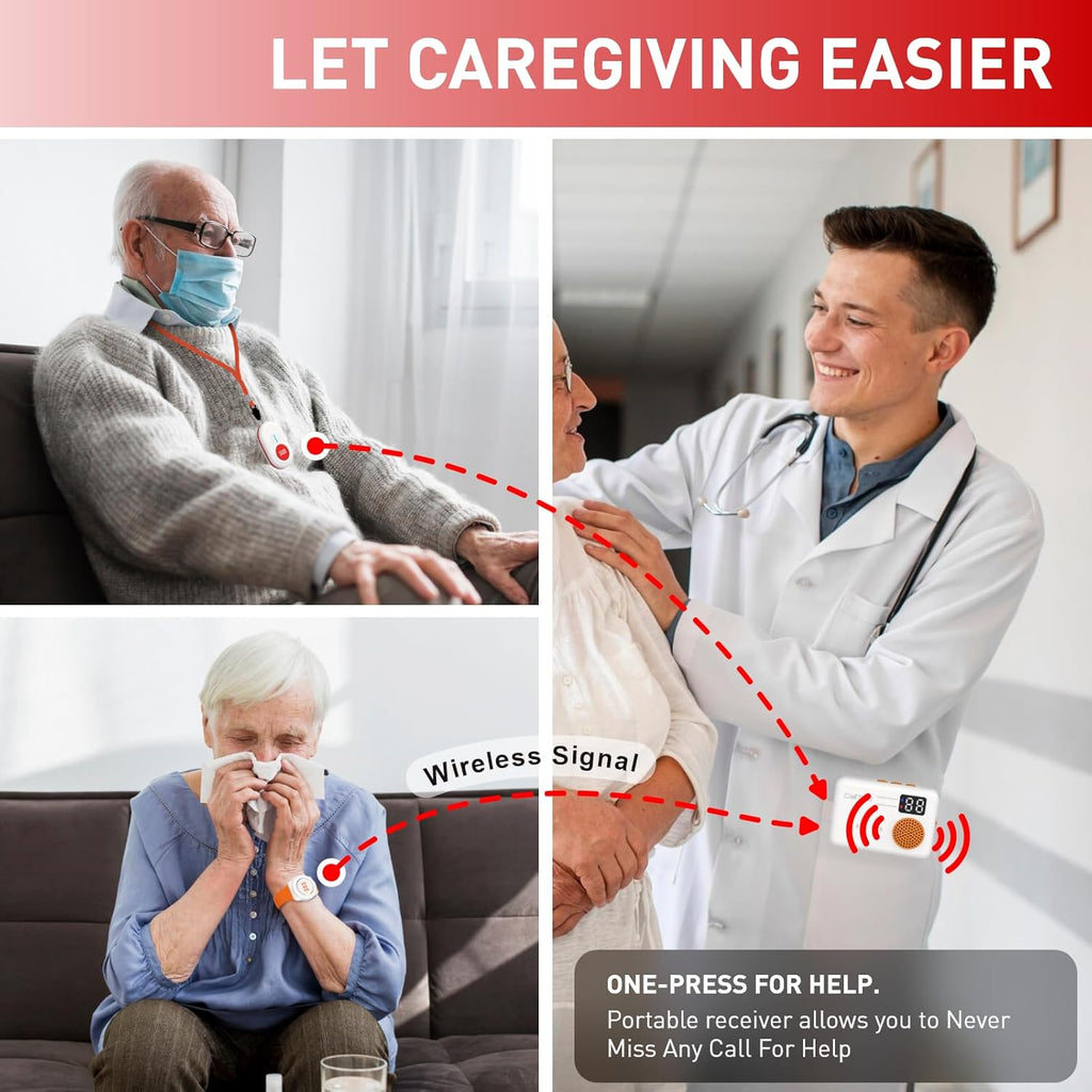 CallToU Caregiver Pager Wireless Wristband Call Buttons Elderly Monitoring SOS Alert System Pager for Elderly with Vibrate Digital Display Nurse Call Bell for Seniors/Patients Panic Emergency Bell