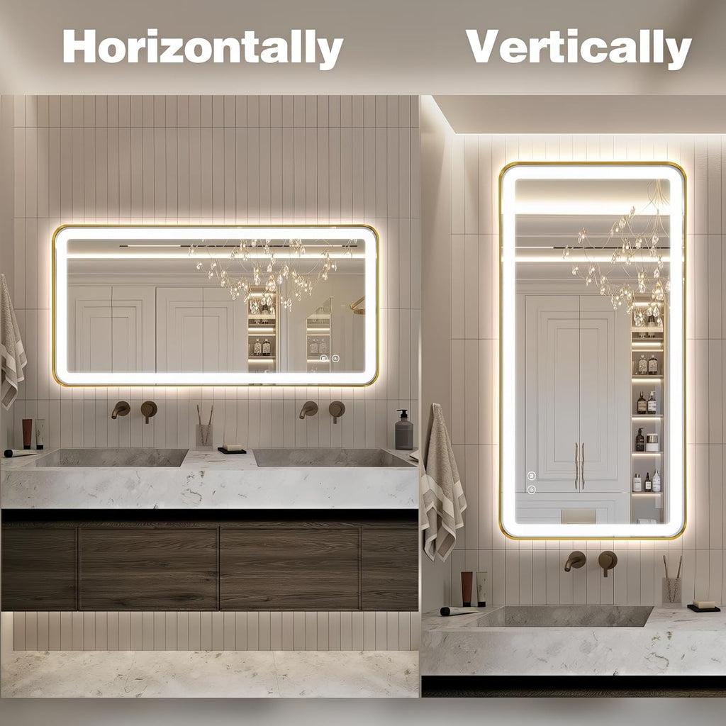 48"x24" Lighted Vanity Mirror with Lights, Gold Metal Frame Led Mirror for Bathroom, Anti-Fog Wall Mirror with Front and Backlit, Shatterproof, 3 Colors Stepless Dimmable, Horizontal/Vertical
