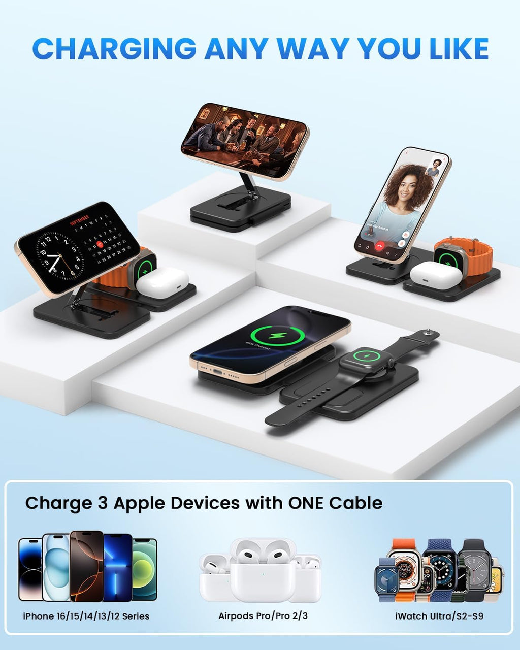 Charging Station Magnetic for iPhone Mag-Safe: JoyGeek 3 in 1 Foldable Wireless Charger for iPhone 16-12 Pro Max Plus, Travel Charger for AirPods, A-pple Watch 10-2 Series