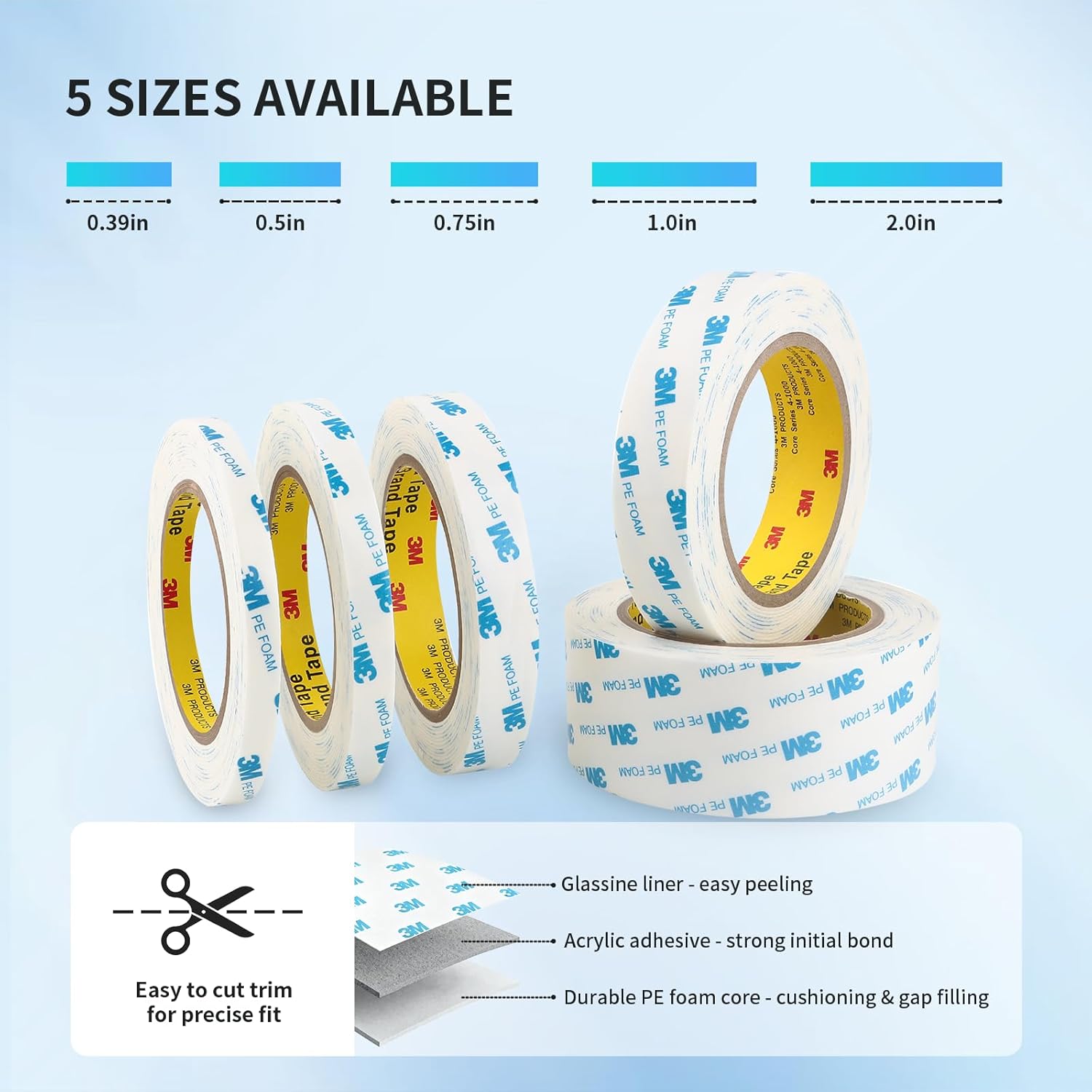 3M 1600T Double Sided Tape, PE Foam Tape 0.39" x 18 Ft White Removable Strong Adhesive No Residue for RV Picture Hanging, Posters Frames Wall Decor Indoor & Outdoor Use(2 Pack)