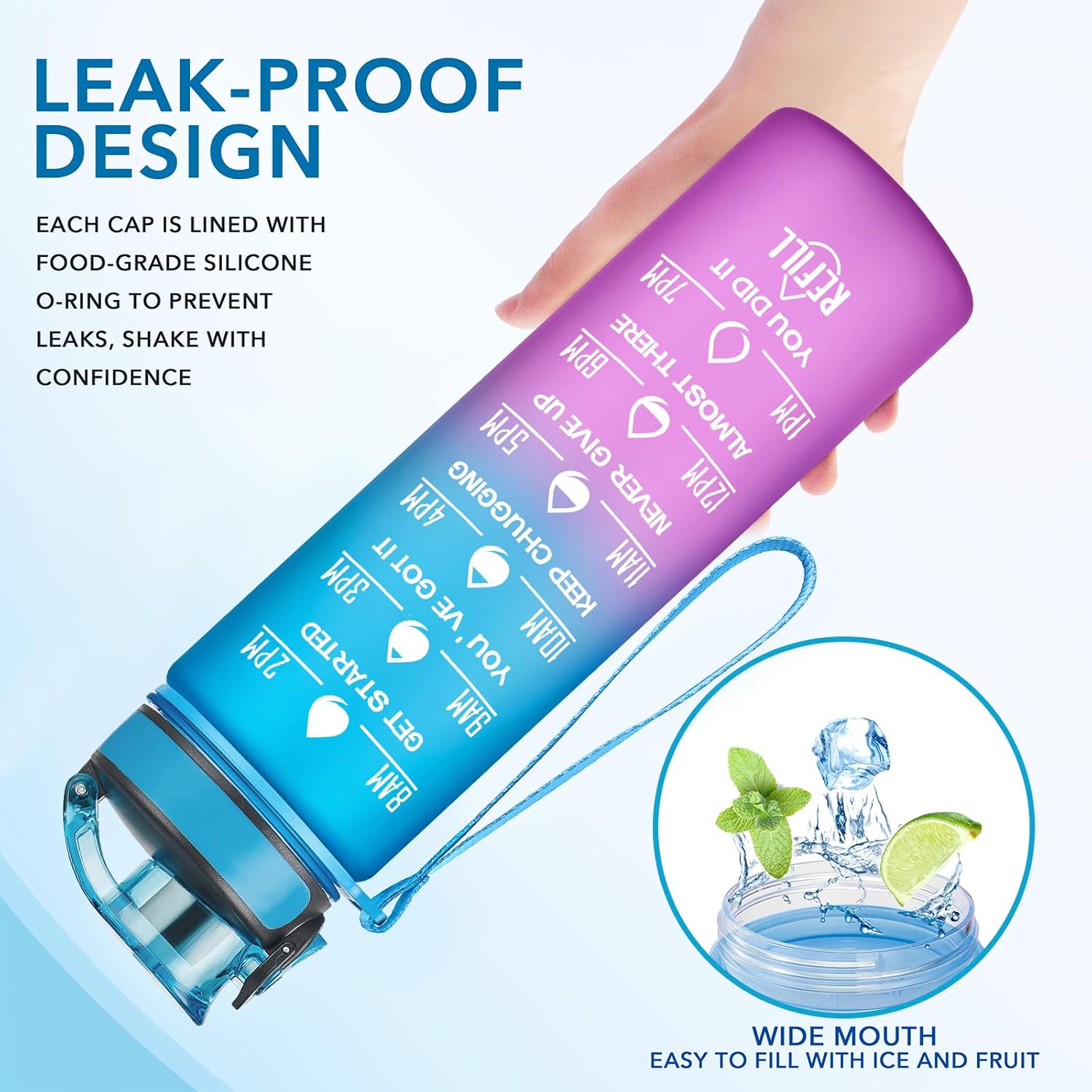 Enerbone Water Bottle, Leakproof BPA & Toxic Free, Motivational Water Bottle with Times to Drink and Straw, Fitness Sports Water Bottle with Strap for Office, Gym, Outdoor Sports