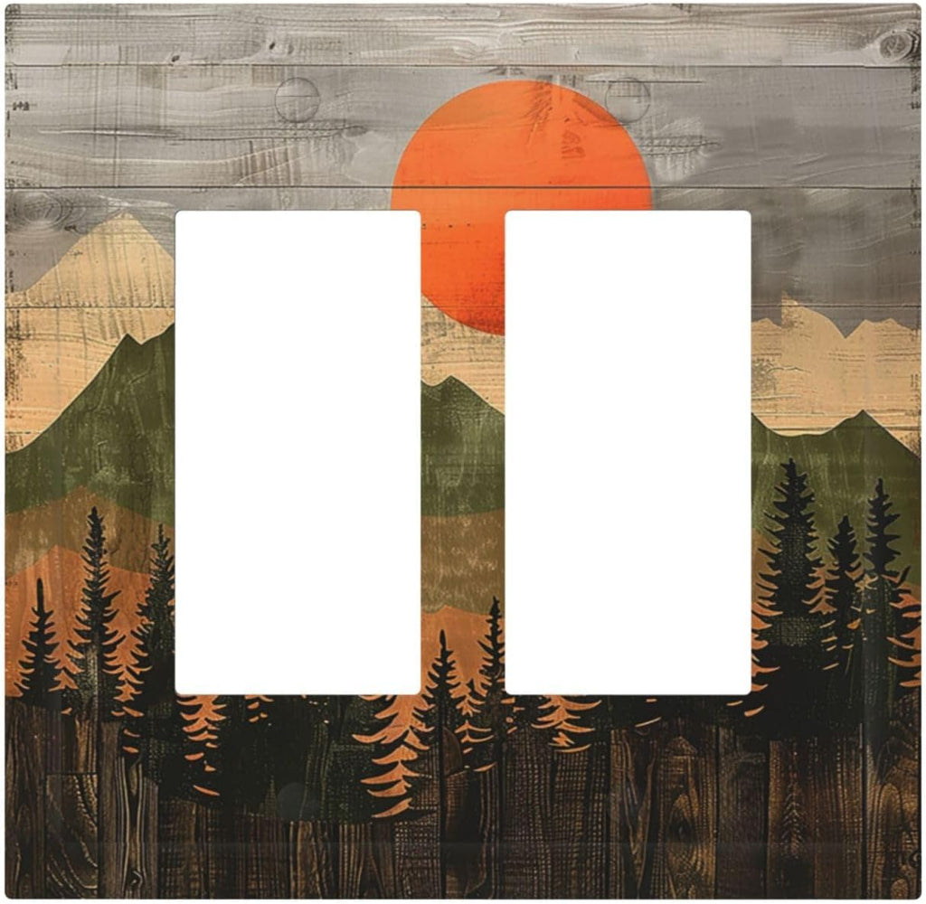 Decorative Outlet Covers Vintage Wood Grain Sun Forest Mountains 2 Gang Double GFCI Rocker Electrical Wall Panels Light Switch Cover Plate for Farmhouse Cabin Decor