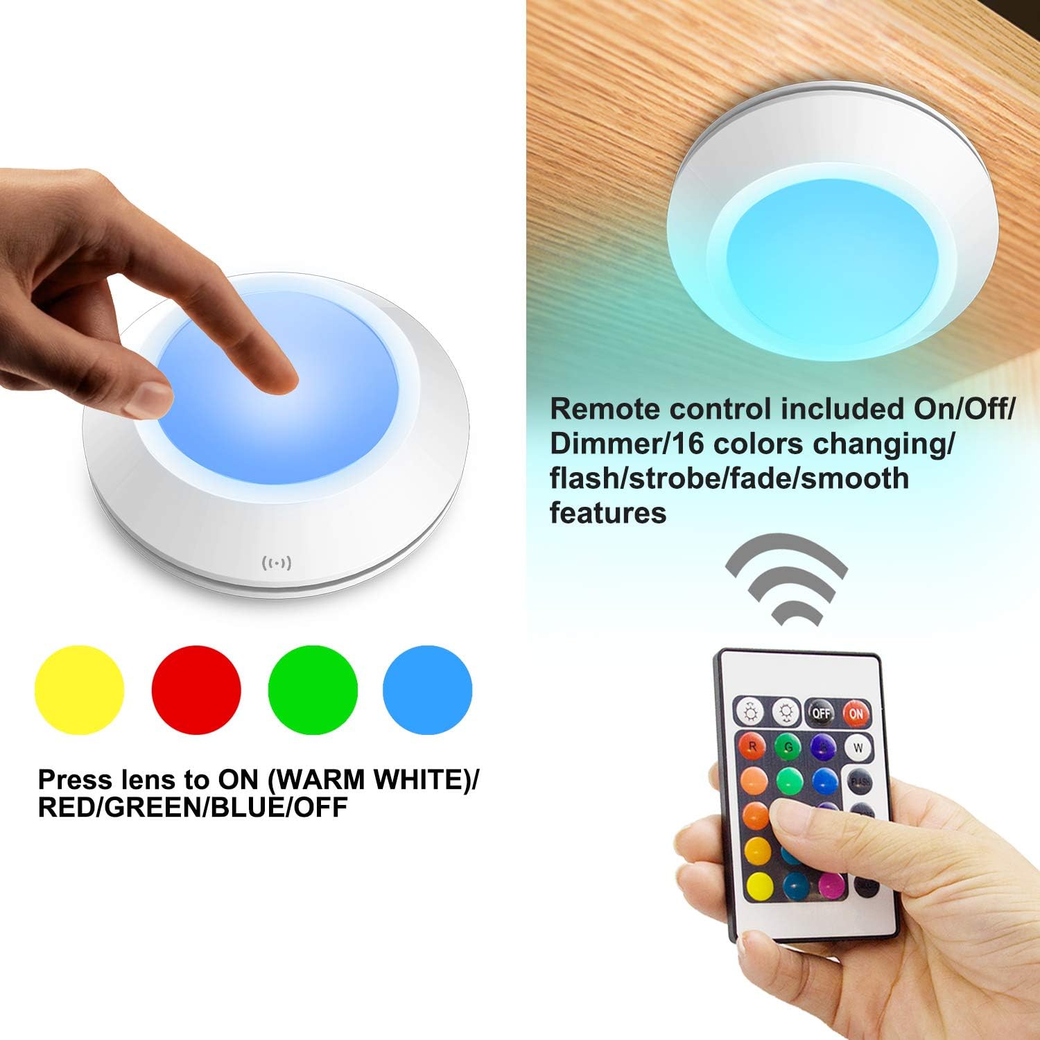 HONWELL Push Lights, LED Puck Lights with Remote, Battery Operated Under Cabinet Lighting,Cordless RGB Color Changing Touch Fairy Light with Dimmer, Stick on Light for Closet Classroom Shelf