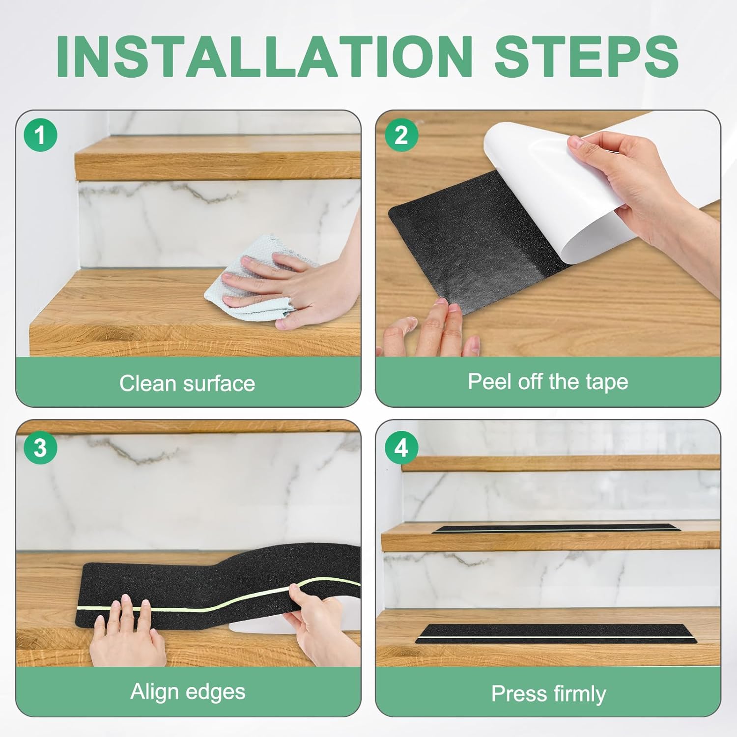 10-Pack Anti Slip Traction Tape 30" x 4" Best Grip Tape Grit with 6mm/0.24" Glow in Dark Stripe High Traction Friction Abrasive Adhesive for Indoor/Outdoor Stairs[Black+Green]