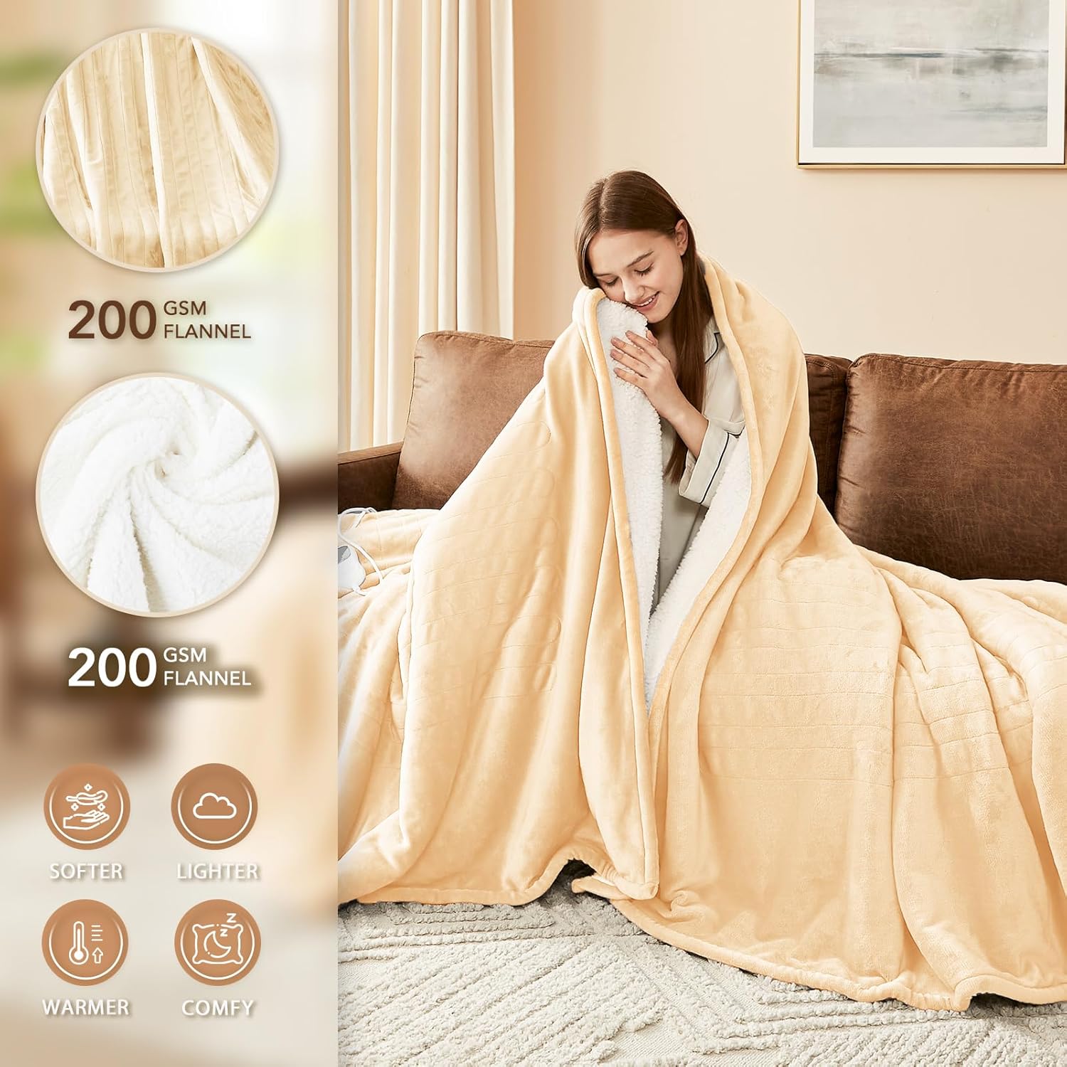 Homemate Electric Heated Blanket Full Size - 72"x84" Heated Bed Blanket Throw with 10 Heating Levels 8 Hours Auto Off Fast Heating Over-Heat Protection-Ultra Soft Flannel ETL Certified, Beige
